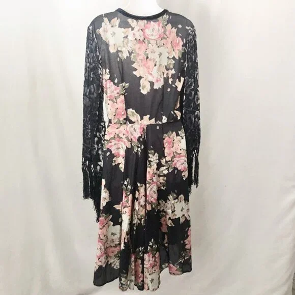 Aratta Medium NWT Floral Black Dress with Lace Sleeves knee length - Picture 10 of 16